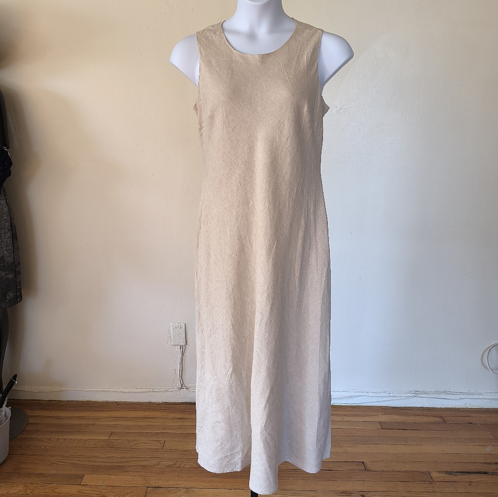Talbots Petites Women's 100% Linen Cream Sleeveless Dress Size 14 Boho Luxury